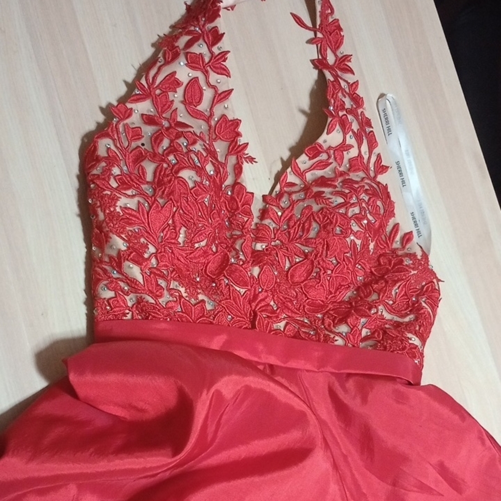 Sherri Hill Chic Red Floral Lace Halter Gown